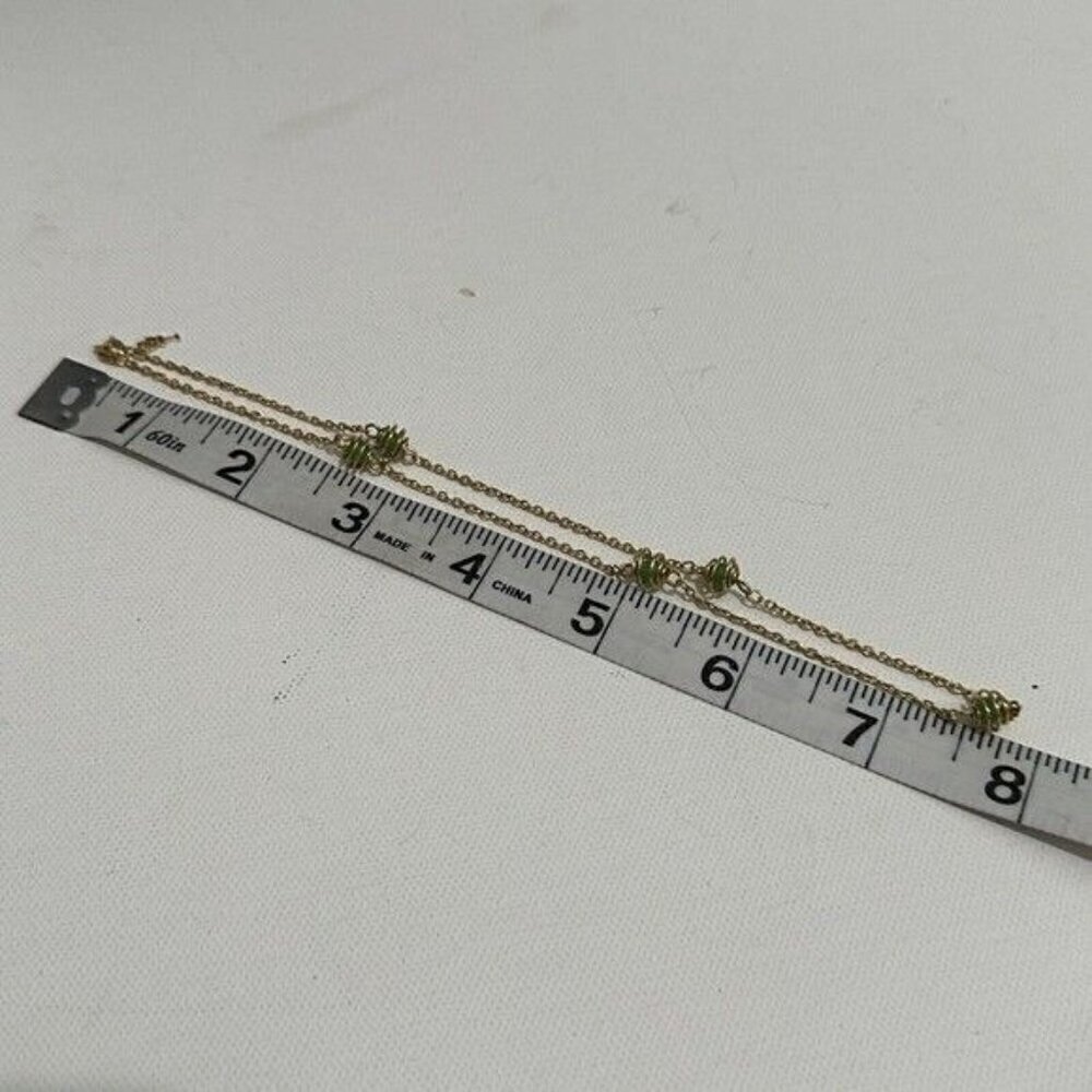 Vintage Signed Crown Trifari Gold Tone Dainty Chain Necklace Choker Green Beads - Picture 8 of 8